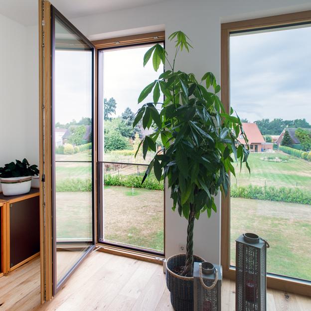 Ein großes, bodentiefes Eckfenster nach Maß in einem hellen Raum, mit Blick auf einen grünen Garten und blauen Himmel.