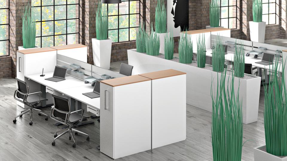 Gestaltung eines Großraumbüros mit weiß lackierten Doppelschreibtischen und niedrigen Raumtrennern bepflanzt, Industrieräume